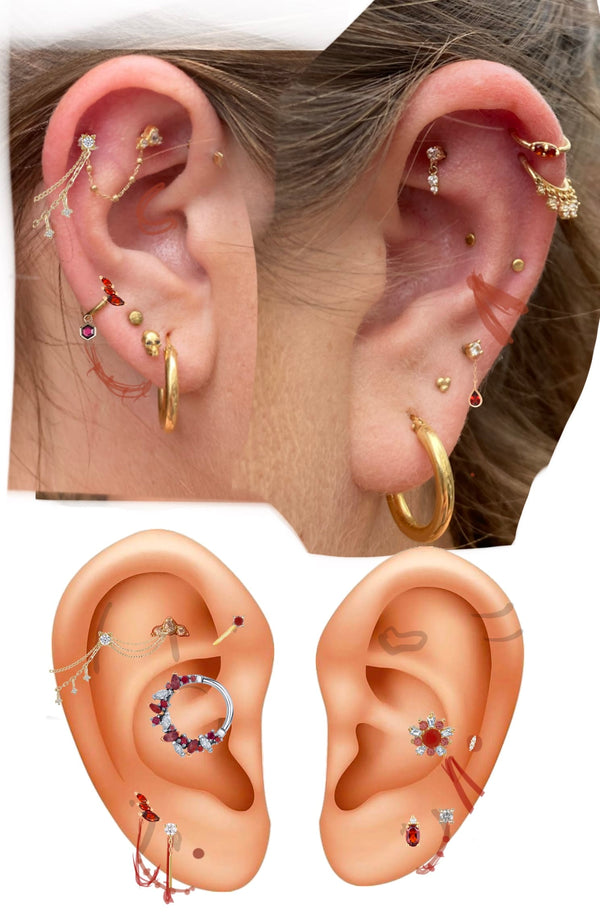 Minimalist gold ear curation with helix, flat, and conch piercings, Brugge piercing studio