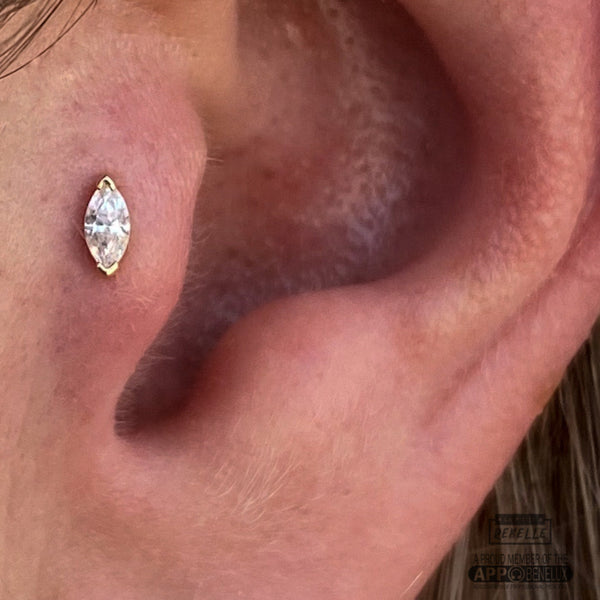 Tragus piercing in gold jewelry — LPR Piercing Brugge