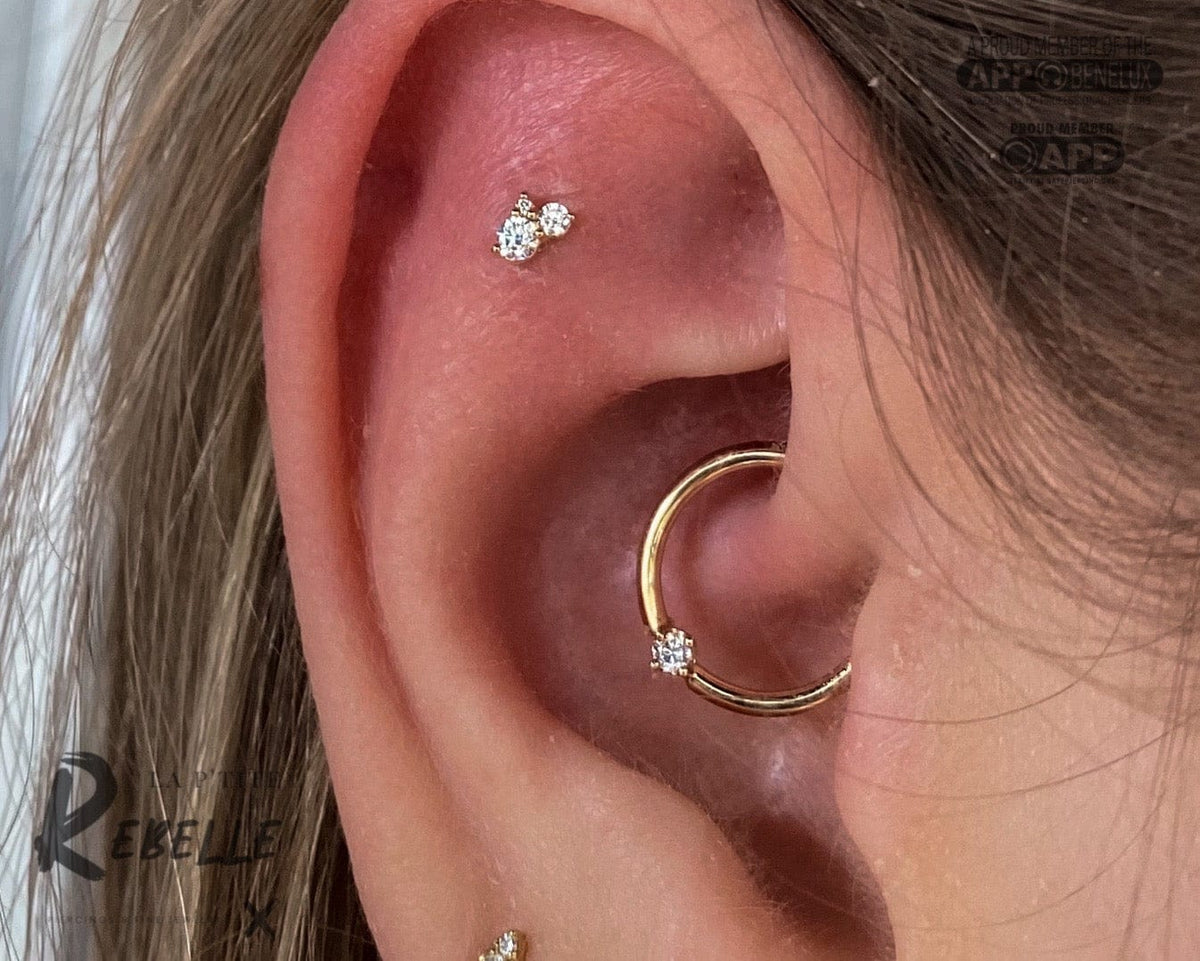 Daith piercing in gold jewelry — LPR Piercing Brugge