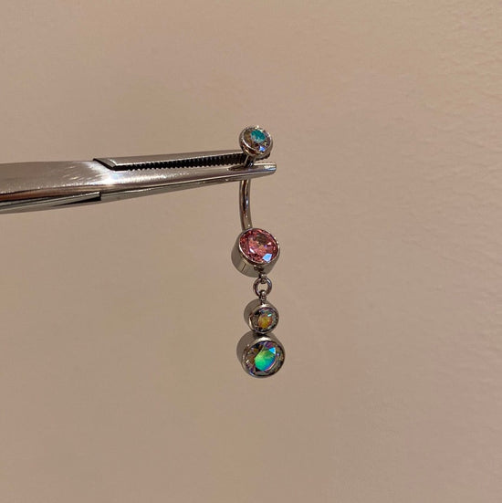 Industrial Strength Threaded Titanium Salmon Pink + Paradise Shine Bezel Navel Curve with 2 Dangle