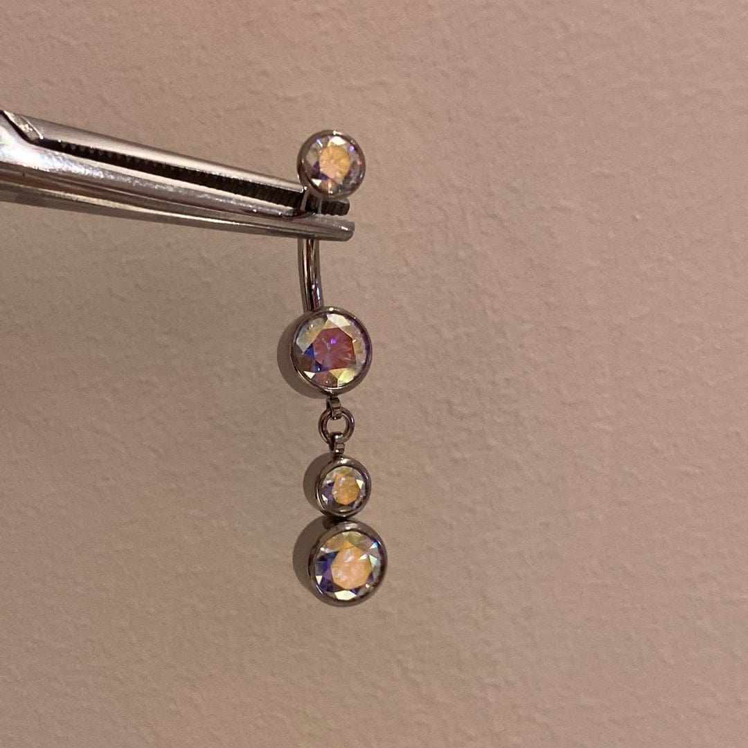 Industrial Strength Threaded Titanium Aurora Borealis Bezel Navel Curve with 2 Dangle