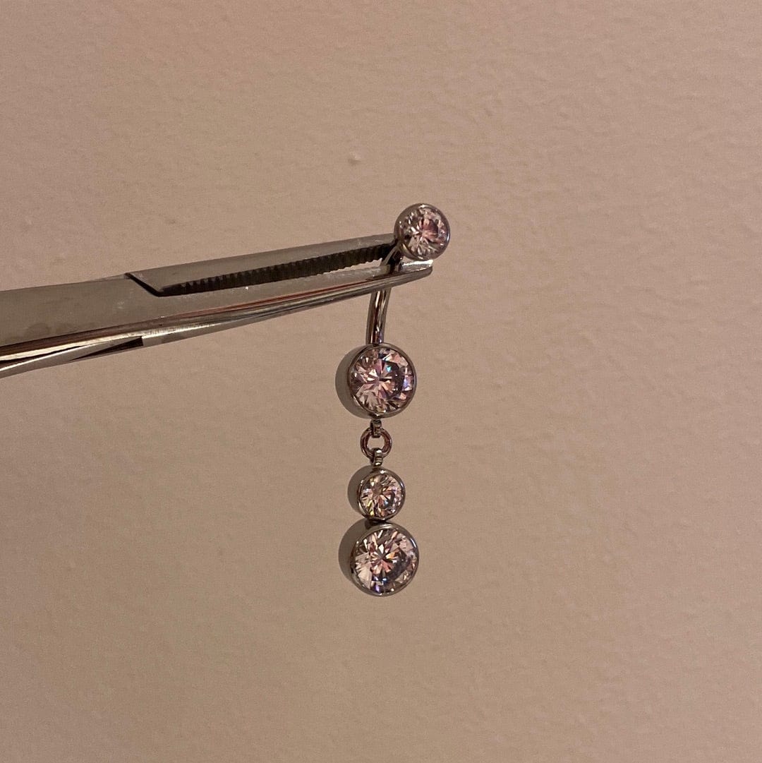 Load image into Gallery viewer, Industrial Strength Threaded Titanium Clear CZ Bezel Navel Curve with 2 Dangle
