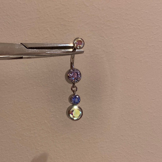 Industrial Strength Threaded Titanium Greyish Blue + Auora Borealis Bezel Navel Curve with 2 Dangle