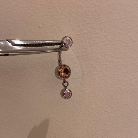 Industrial Strength Threaded Titanium Morganite + Aurora Borealis Bezel Navel Curve with 1 Dangle