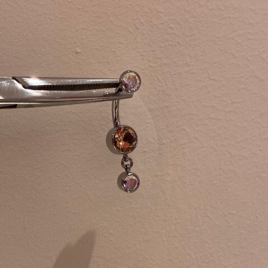 Load image into Gallery viewer, Industrial Strength Threaded Titanium Morganite + Aurora Borealis Bezel Navel Curve with 1 Dangle
