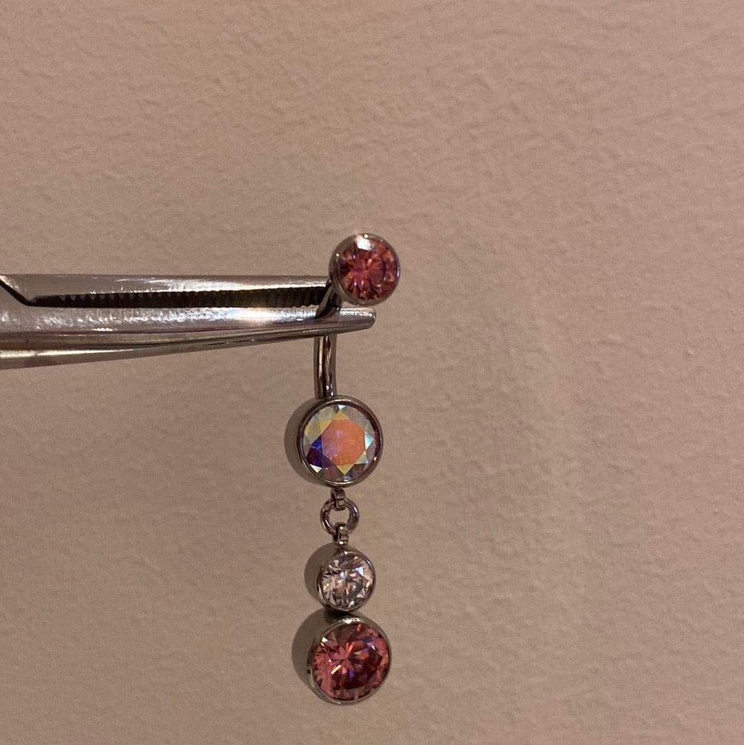 Industrial Strength Threaded Titanium Pink + Aurora Borealis Bezel Navel Curve with 2 Dangle