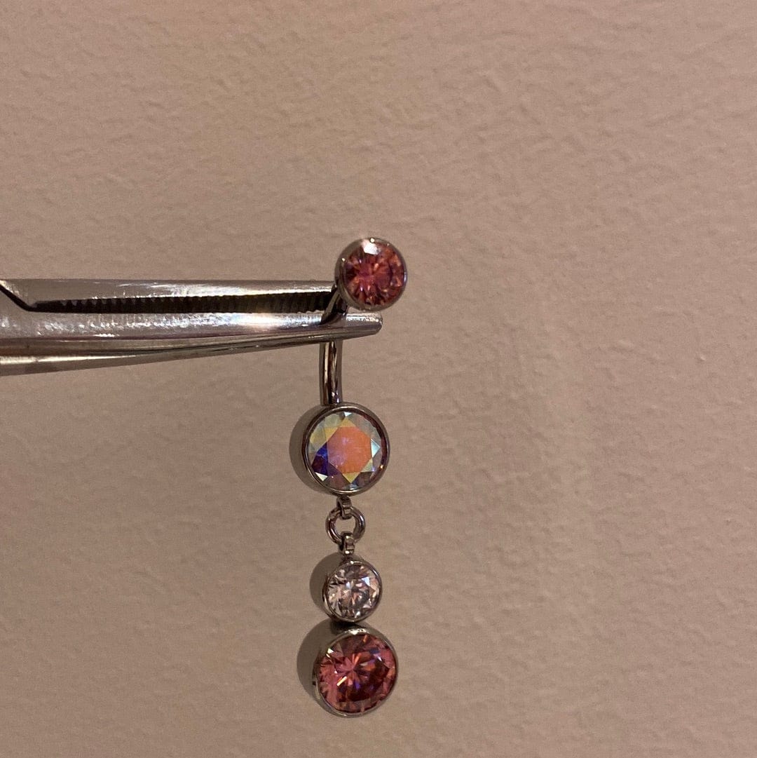 Load image into Gallery viewer, Industrial Strength Threaded Titanium Pink + Aurora Borealis Bezel Navel Curve with 2 Dangle
