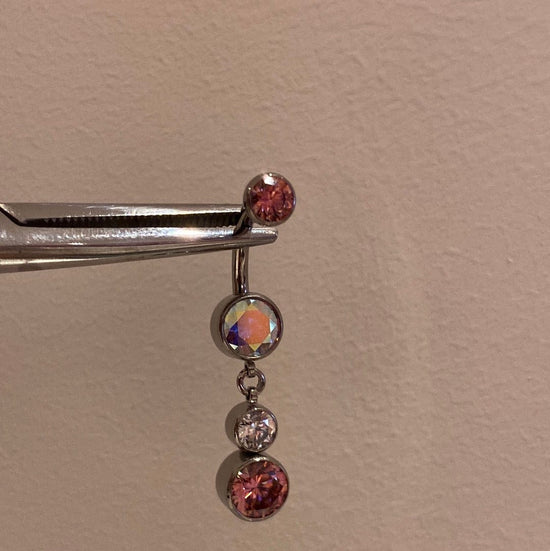 Load image into Gallery viewer, Industrial Strength Threaded Titanium Pink + Aurora Borealis Bezel Navel Curve with 2 Dangle
