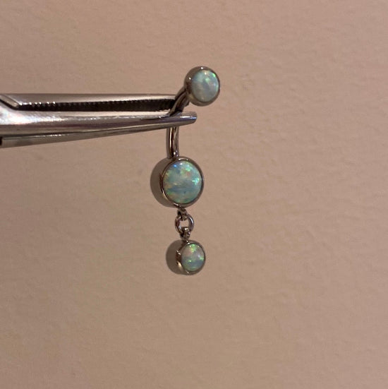 Industrial Strength Threaded Titanium White Opal Bezel Navel Curve with 1 Dangle