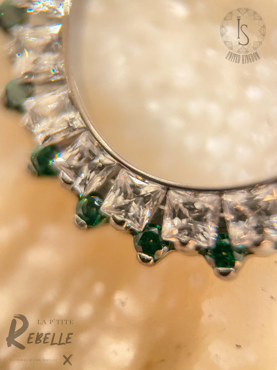 Load image into Gallery viewer, Industrial Strength Titanium Ring Dione Clicker - Clear CZ &amp;amp; Green CZ
